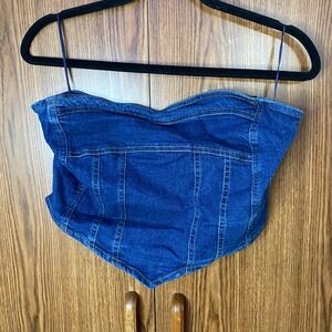 LA ARMARIO Denim Corset Tube Top Womens XL Blue Handkerchief Hem Smocked Back